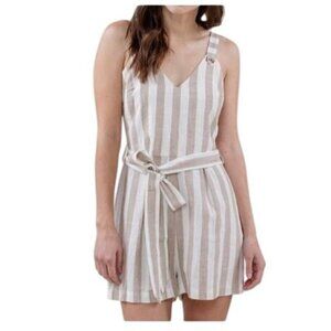 Coco + Jaimeson Striped Linen Blend Romper Tie Waist beige size large New